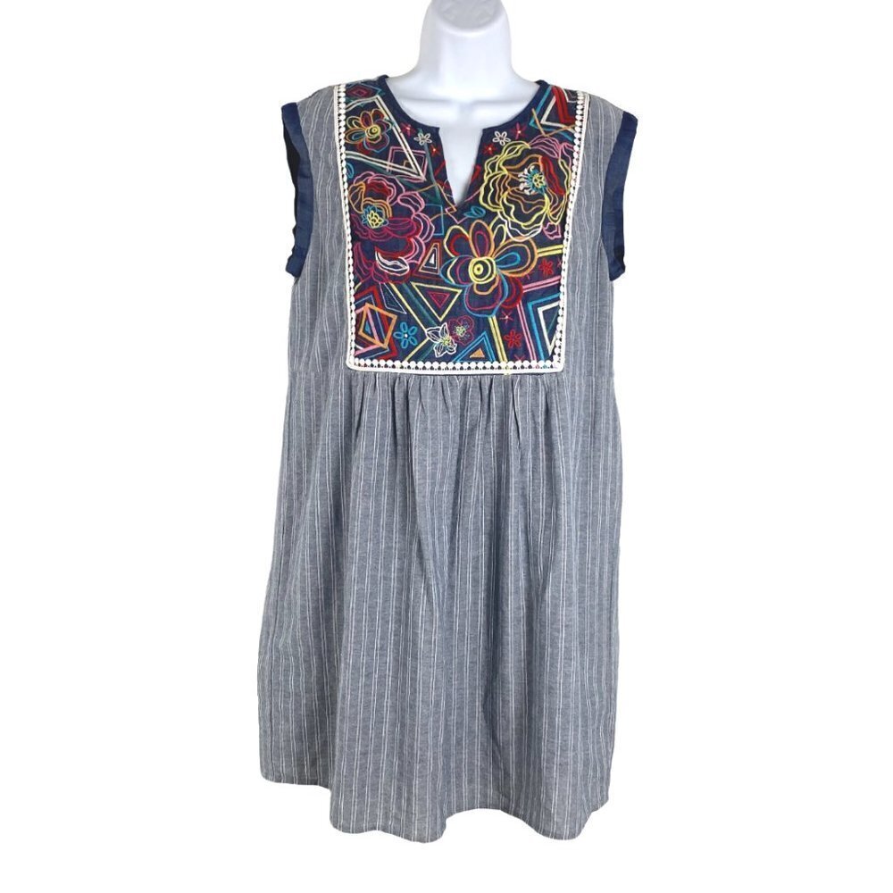 Savanna Jane Tunic Mini Dress‎ Embroidered Floral Striped Boho NWT Women's Small